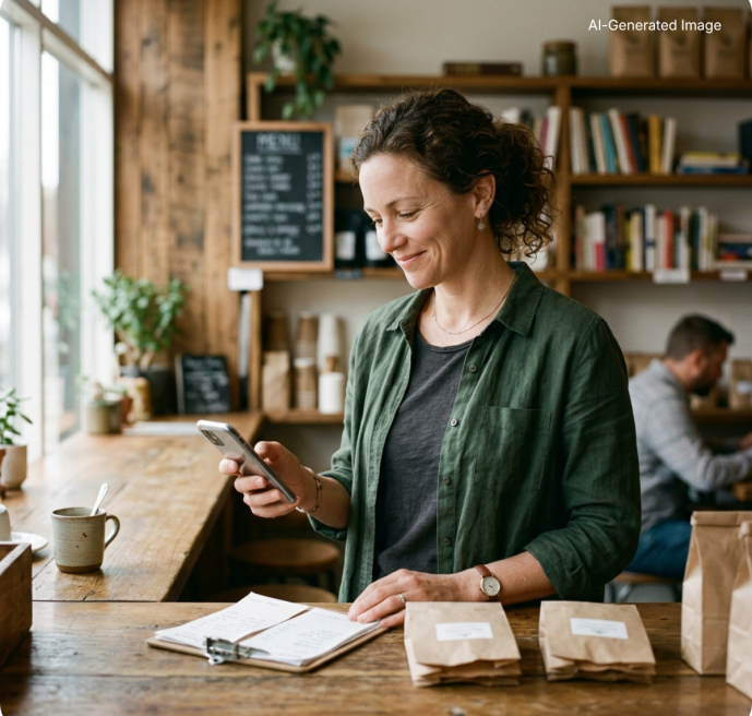 Candid documentary-style lifestyle photograph, warm natural daylight, [eine Ladenbesitzerinein Ladenbesitzer, Anfang 30] and a smiling customer in a [kleine Boutique gemütliches Café Weinladen], (1)