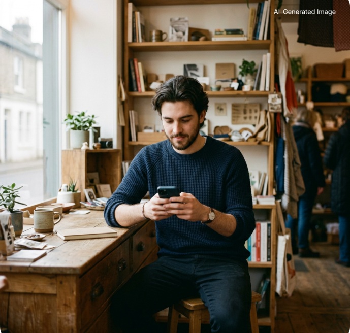 Candid documentary-style lifestyle photograph, warm natural daylight, [eine Ladenbesitzerinein Ladenbesitzer, Anfang 30] and a smiling customer in a [kleine Boutique gemütliches Café Weinladen], (5)