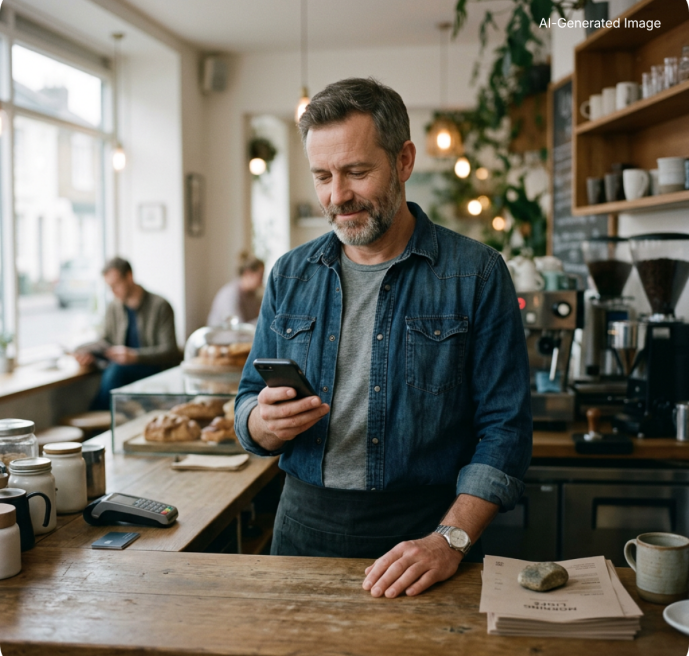 Candid documentary-style lifestyle photograph, warm natural daylight, [eine Ladenbesitzerinein Ladenbesitzer, Anfang 30] and a smiling customer in a [kleine Boutique gemütliches Café Weinladen], (7)